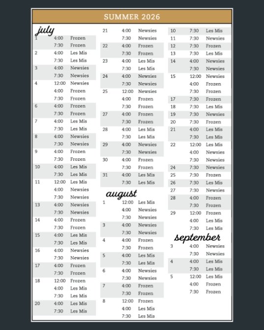 2026 Summer Schedule